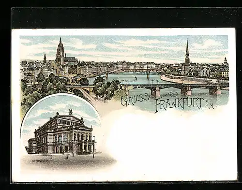 Lithographie Frankfurt a. M., Teilansicht mit Brücke, Opernhaus