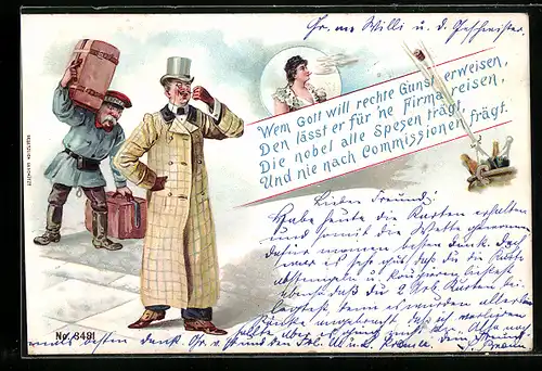 Lithographie Gepäckträger mit den Koffern eines Handelsreisenden