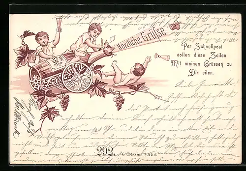 Lithographie Drei Kinder mit Sektkanone