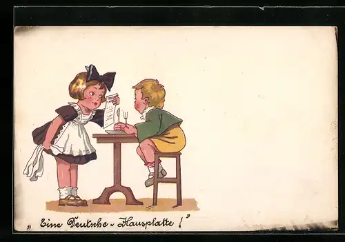 AK Kleine Kellnerin nimmt Bestellung von kleinem Gast auf
