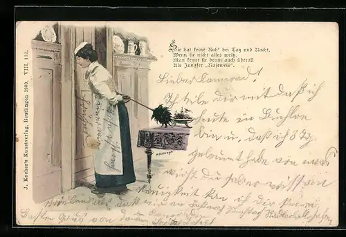 AK Dienstmädchen mit Staubwedel lauscht an der Tür