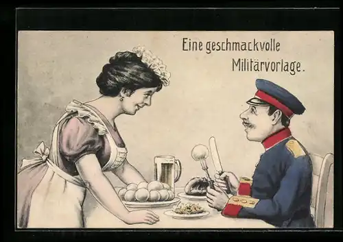 AK Serviermädchen am Tisch eines Soldaten im Restaurant