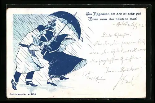 Lithographie Paar mit Schirm bei Wind und Regen