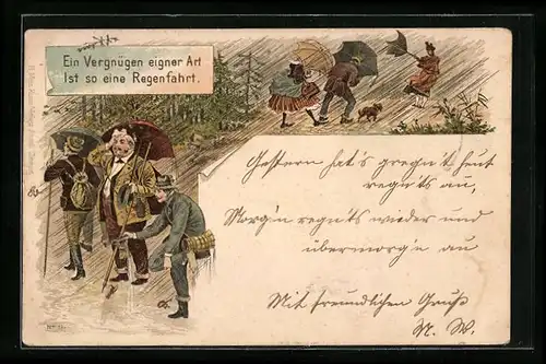 Lithographie Ausflügler mit Schirmen bei Regen