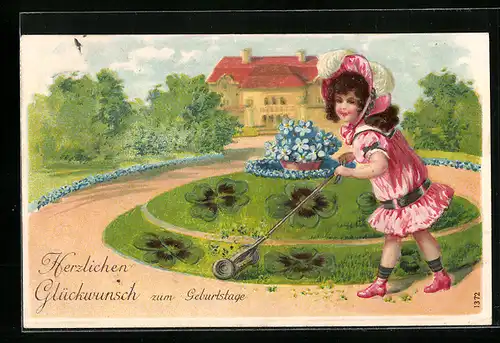 Präge-AK Kleine Gärtnerin mit Rasenmäher, Geburtstagsgruss