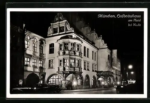 AK München, Münchner Hofbräuhaus am Platzl bei Nacht