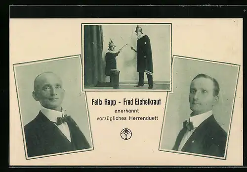 AK Herrenduett Felix Rapp und Fred Eichelkraut, Bühnenszene, Portraits
