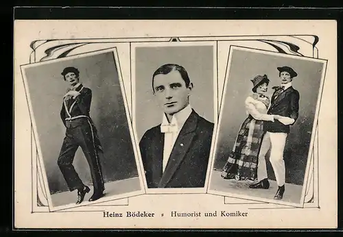 AK Komiker Heinz Bödeker, Portrait und Bühnenszenen