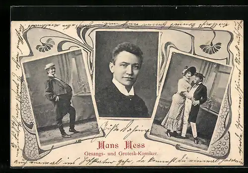 AK Komiker Hans Hess, Portrait und Bühnenszenen