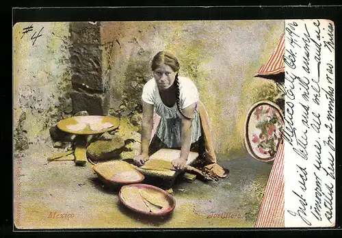AK Mexico, Tortillera, Frau bereitet Brote zu
