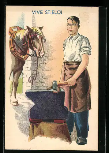 Künstler-AK St. Eloi, Pferd und Schmied mit Hufeisen