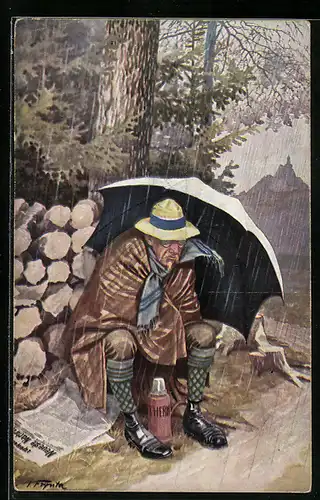 AK Mann unterm Schirm im Regen, Meteorologie