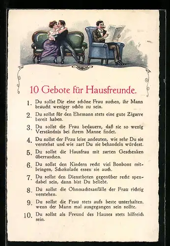 AK Zehn Gebote für Hausfreunde, Du sollst Dir eine schöne Frau suchen..., frauenfeindlicher Humor