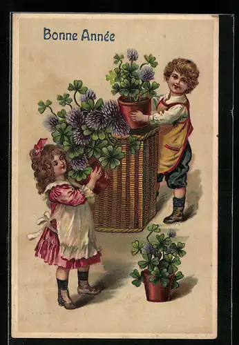 Präge-AK Gärtnerpaar mit Blumen, Neujahrsgruss