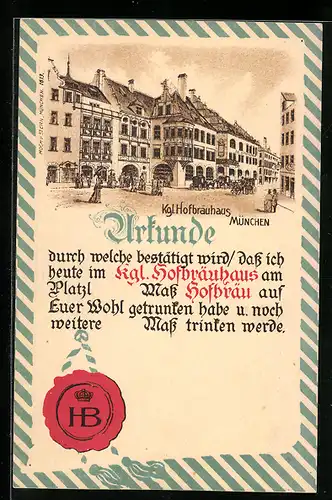 Präge-Lithographie Münchner Hofbräuhaus, Urkunde mit Siegel