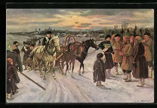 AK Russen fahren mit einem Pferdeschlitten, russische Bauern in Volkstracht, Neujahr