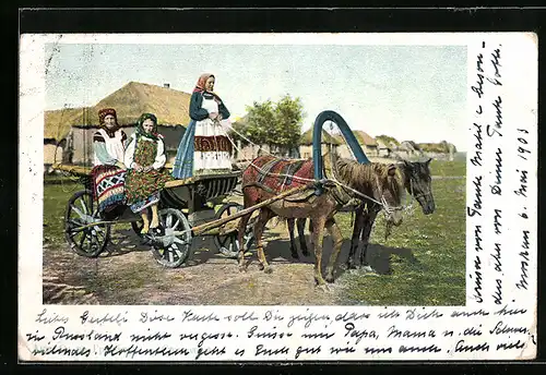AK Russische Bäuerinnen fahren mit dem Pferdefuhrwerk