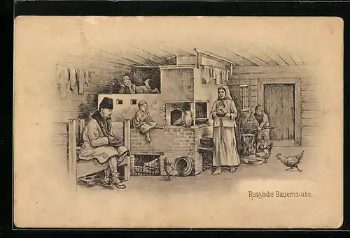 AK Russen am Ofen ihrer Bauernstube, Hühner