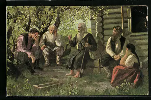 AK Russische Bauern sitzen vor einem Haus