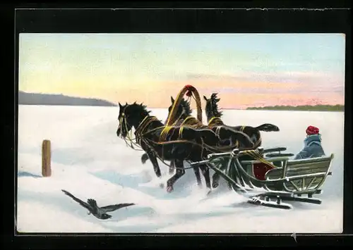 AK Russe auf Fahrt im Pferdeschlitten durch eine Schneelandschaft