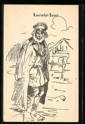 AK Russischer Bauer im Mantel vor einem Haus, Zeichnung