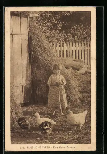 AK Kleines Bauernmädchen mit Hühner und Enten