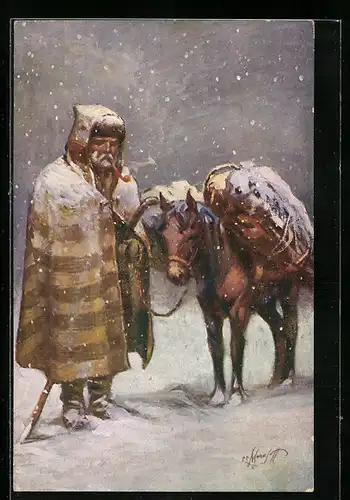 Künstler-AK Paysan vendeur de bois, bulgarischer alter Mann mit Pony im Schneesturm