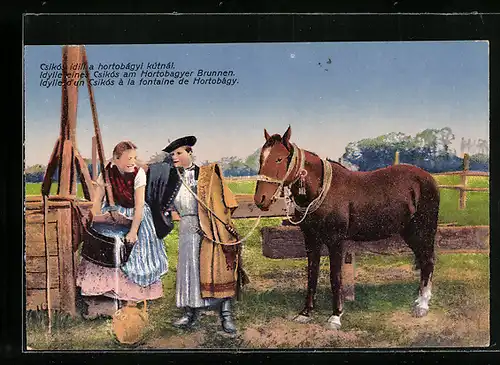 AK Idylle eines Csikós am Hortobágyer Brunnen, ungarische Tracht