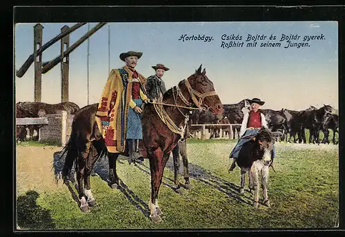 AK Hortobágy, Rosshirt mit seinem Jungen, ungarische Tracht, Esel