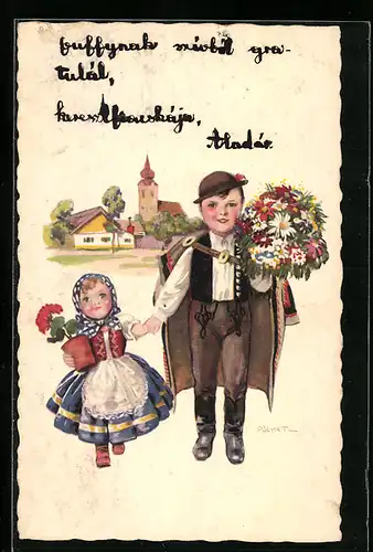 Künstler-AK Bub mit seiner kleinen Schwester in ungarischer Tracht
