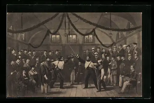 Künstler-AK Heidelberg, Mensur auf der Hirschgasse