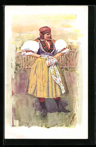 Künstler-AK Slowakin in Tracht mit den Händen in den Hüften