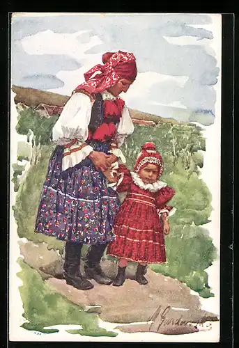 Künstler-AK Slovaci z Vlcnova u Uh. Brodu., Babenka s vnoucetem, Slowakische Bäuerin mit Enkelkind