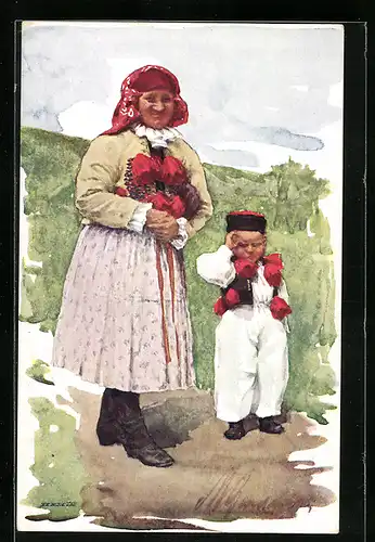 Künstler-AK Grossmutter und Enkel in slowakischer Tracht