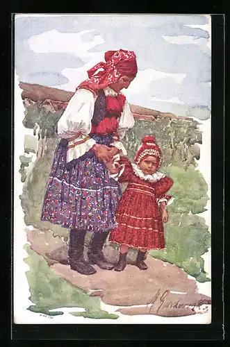 Künstler-AK Slovaci z Vlcnova u Uh. Brodu., Babenka s vnoucetem, Slowakische Bäuerin mit Enkelkind