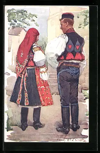 Künstler-AK Sohaj s divcici, slowakisches Paar in Trachten