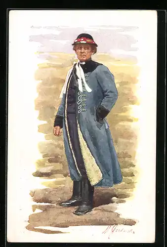 Künstler-AK Slowake in Tracht mit Hand in der Tasche