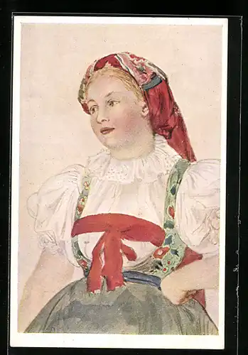 AK Slowakin in Tracht mit Kopftuch