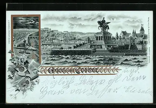 Lithographie Coblenz, Totalansicht mit Denkmal