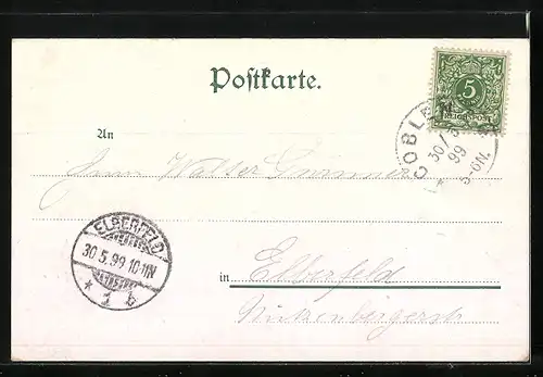 Lithographie Coblenz, Totalansicht mit Denkmal