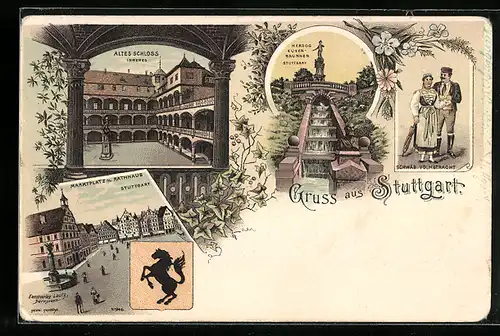Lithographie Stuttgart, Altes Schloss, Herzog Eugen-Brunnen, Marktplatz mit Rathaus