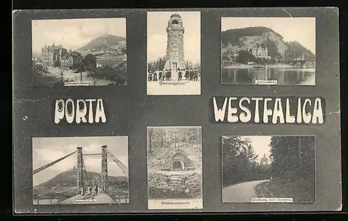 AK Porta Westfalica, die Bismarcksäule, die Kettenbrücke, Waldweg zum Denkmal, Wittekindsberg