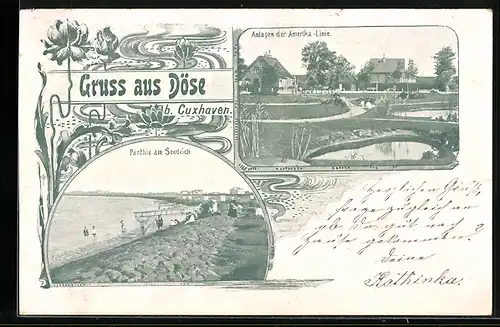 AK Döse b. Cuxhaven, Anlagen der Amerika-Linie, Partie am Seedeich