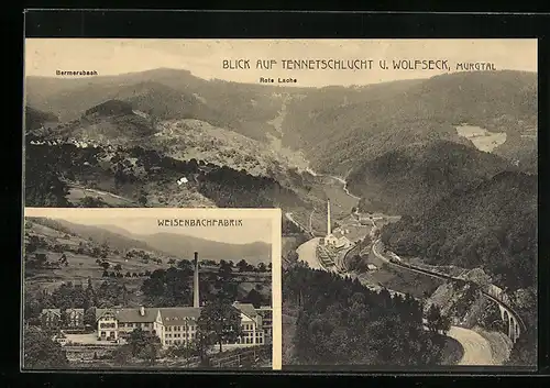AK Weisenbach, Blick auf Tennetschlucht und Wolfseck, Weisenbachfabrik