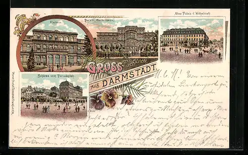 Lithographie Darmstadt, Altes Palais von der Wilhelmstrasse, Schloss vom Paradeplatz