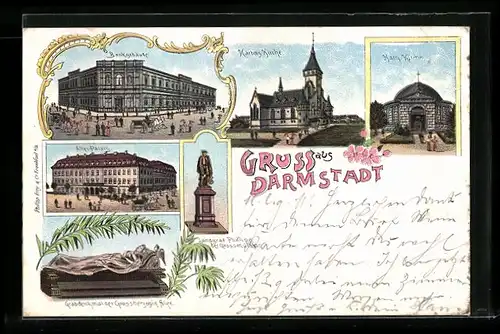 Lithographie Darmstadt, Altes Palais, Bank, Kath. Kirche