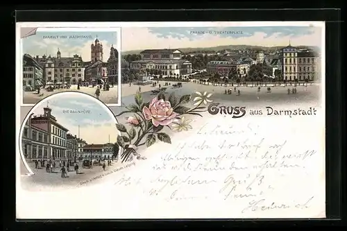 Lithographie Darmstadt, Markt und Rathaus, Bahnhöfe, Parade- und Theaterplatz