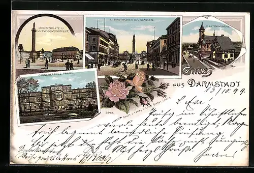 Lithographie Darmstadt, Louisenplatz und Ludwigsmonument, Martinskirche