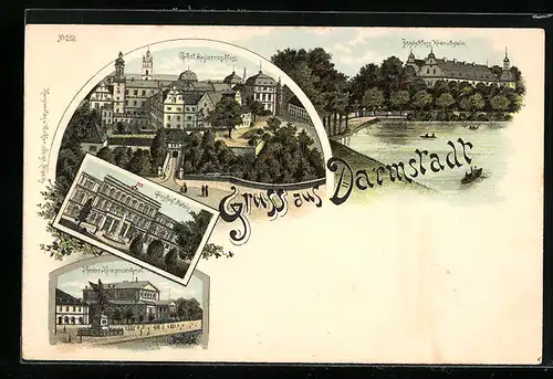 Lithographie Darmstadt, Jagdschloss Kranichenstein, Theater & Kriegerdenkmal