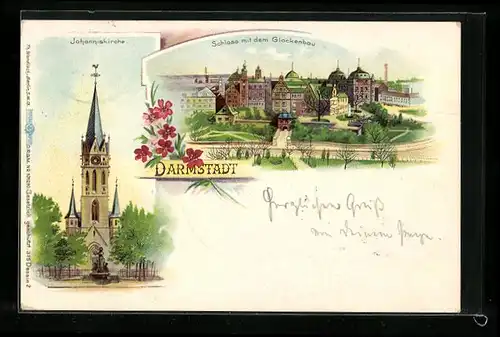 Lithographie Darmstadt, Schloss mit Glockenbau, Johanniskirche